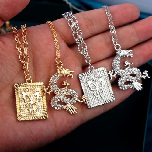 Caraquet Dragon Pendant Necklaces for Women Gold Color Multilayer Square Carved Butterfly Pendant Necklace Mascot Jewelry Gift