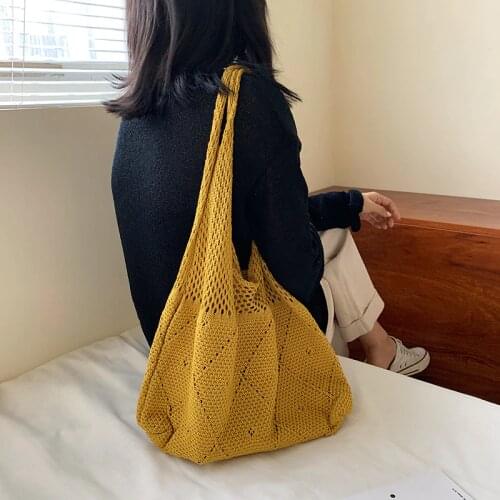 Handmade Lady Retro Chic Crochet Handbag 2020 Korean Fashion Knitting Hollow Out Vest Shape Black Yellow Top-handle Tote Bag
