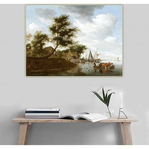 Jacob van Ruisdael《River Landscape with Ferry I》Canvas Oil Painting Aesthetic Poster Picture Wall Hanging Decor Home Decoration