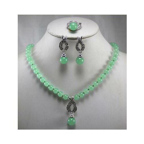 Beautiful Jewelry 8MM Green Jade Pendant Necklace Earring Ring Set