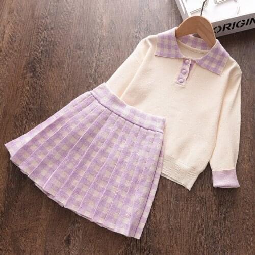 Melario Sweater Girl Clothing Set Spring Kids Pullover Coat Plaid Skirt 2pcs Outfits Knit Children Fashion Long Sleeve Costumes