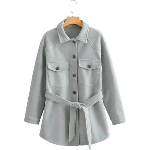 Merodi Autumn Chic Lady Double Pockest Single Breasted Loose Long Shirt Jacket Winter Women Vogue Thick Coat Outwear With Belt