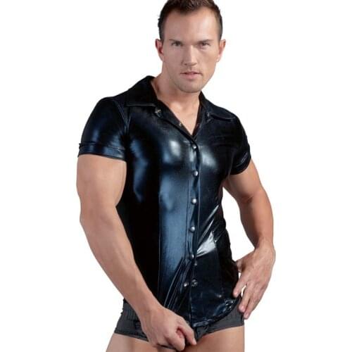 New 2021Fashion Mens Patent Leather Shirt Lmitation Leather Shirt Nightclub Stage Solid Tights Camiseta Tirantes Hombre