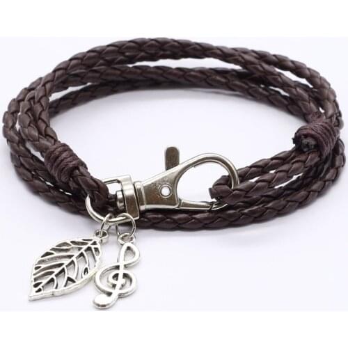 New Braid Wrap Music Note Leaf Charm Men Bracelet Femme Jewelry Leather Boho Bracelets for Women Bransoletki Damskie pulseras