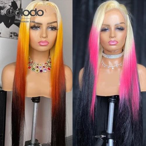 Brazilian Remy 613 Lace Frontal Wig Pre Plucked Pink Orange Straight Wig with Baby Hair Ombre Human Hair Wigs For Women COLODO