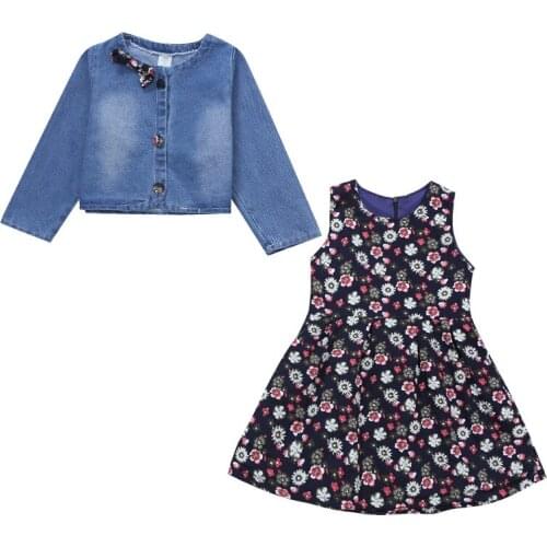 Girls vest dress denim jacket two-piece Girl spring dress fashion suit Girl print dress coat set Girl fresh dress suit