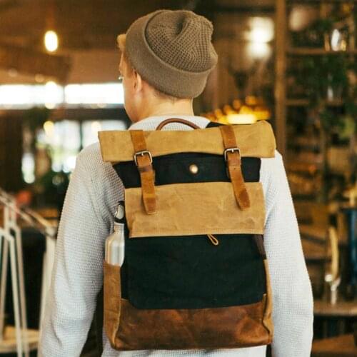 Retro Wax Canvas Backpack Crazy Horse Leather Travel Bag Outdoor Leisure Mountaineering Student Computer School Bag mini bag