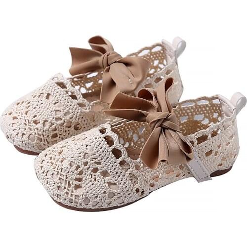 Summer New Girls Sandals Flowers Princess Shoes Sweet Very Light Mary Jane Big Bow Knitted Dance Ballerina Dress