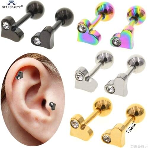 Starbeauty 2pcs 1.2x6mm Crystal Heart Helix Cartilage Earrings 16G Lip Piercing Tragus Piercing Earring Stud Oreja Pircing Ball