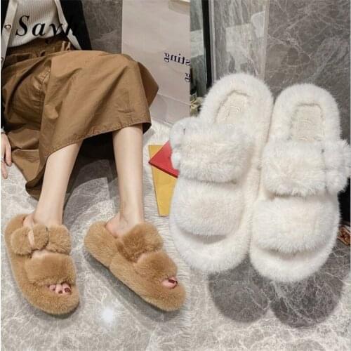 Winter 5CM Wedge Slippers Women Warm Faux Fur Mules Wedge Heels Open Toe Casual Sandals Outdoor Cotton Shoes Size