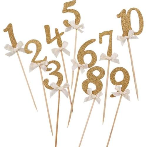 10pcs Gold Glitter Number Cupcake Toppers Gifts Picks 2nd Baby Shower Kids Favors 2 Year Old Kids Two Birthday Party Supplies