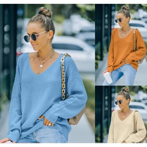 Knitwear Womens Autumn and Winter Cross Border European and American Womens Clothing 2021 New V-Neck Long Sleeve Sweater Women