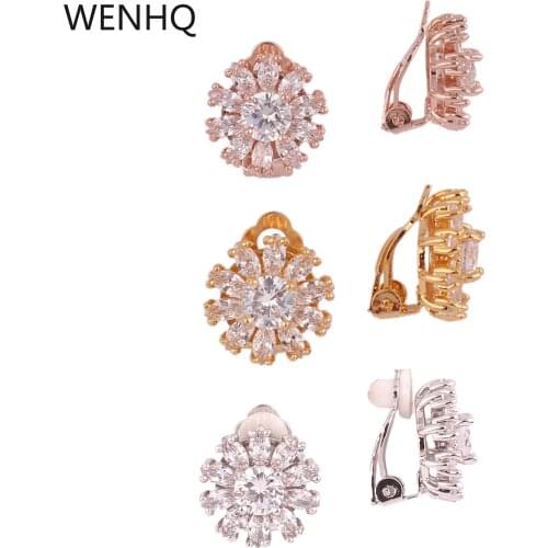 WENHQ Top Quality Cubic Zircon Material Flower Shape Stud Clip on Earrings No Pierced Earrings Party Birthday Cuff Ear Clip New