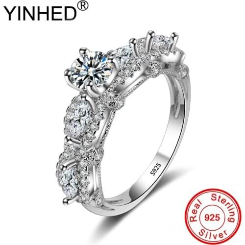 YINHED Solid 925 Sterling Silver Ring Luxury Female Engagement Ring AAA Cubic Zircon Wedding Rings for Women Jewelry Gift ZR593
