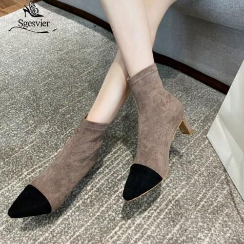 Sgesvier Shoes Woman Botas Mujer Mixed Color Ankle Boots Women Thick High Heels Boots Ladies Patchwork Winter Martin Boot