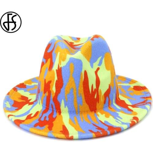 FS New Graffiti Jazz Woolen Fedora Hats For Men Women Yellow Orange British Style Fashion Wedding Party Wide Brim Felt Hat