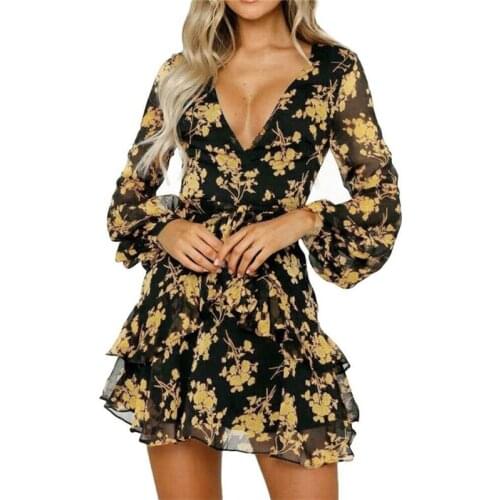 Women Deep V Neck Puff Long Sleeve Chiffon Dress Summer Boho Short Dress Party Beach Floral Holiday Style Dresses Vestidos