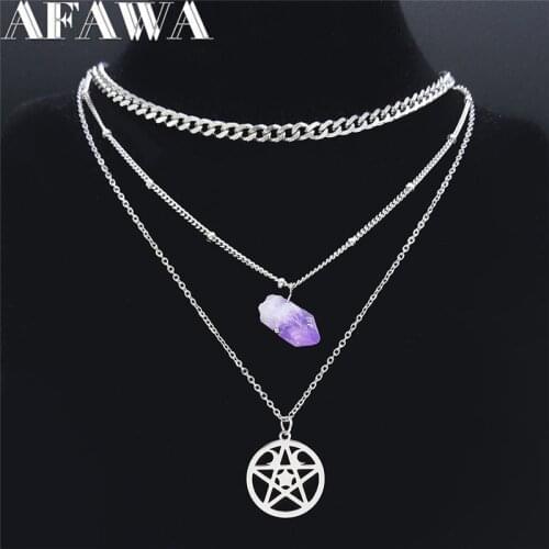 2021 3 Layers Stainless Steel Purple Crystal Witchcraft Heart With Moon Charm Necklace Women Silver Color Jewelry collares NXS02