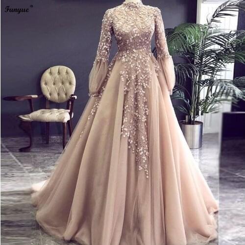 Champagne Arabic Muslim Evening Dresses Long Sleeves Appliques Flowers Beading Evening Gowns A-Line Tulle Formal Prom Dress New