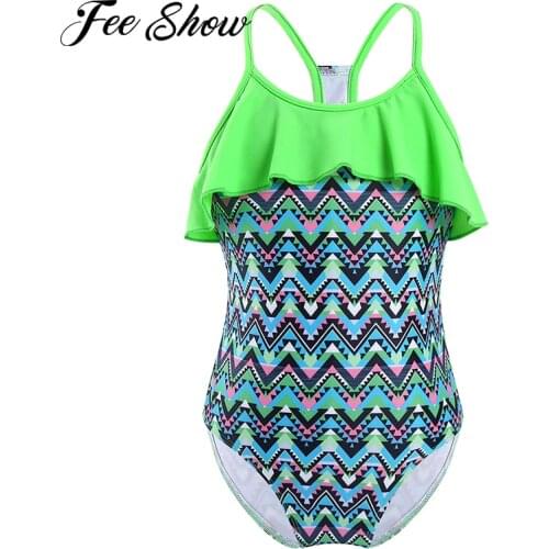 Kids Girls Children Swimwear Swimming Outfit Round Neck Straps Hollow Out Ruffle Trim Jumpsuit Bodysuit Swimming Bathing Suit