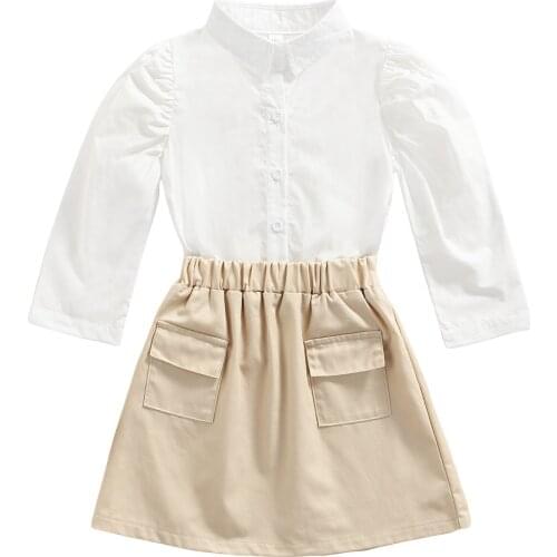 New 2Pcs Kids Summer Tracksuit, Solid Color Long Sleeve Buttons Shirt + Short Skirt/Denim Shorts for Girls, 1-6 Years