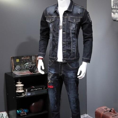 Spring New Fashion Mens 2 Piece Sets Vintage Embroidery Long Sleeve Slim Denim Jacket Coats And Jeans Pants Man Clothes