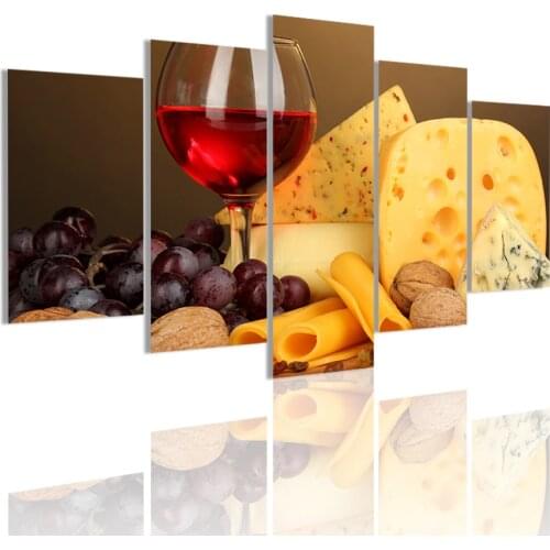 Food Red Wine Grape Gruyere 5 Panels HD Canvas Painting Posters Wall Art Print Pictures Dining Room Interior Home Decor Frame