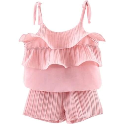 Baby Girls Pleated Set Sleeveless Strap Vest Tops+Shorts Suits Outfits Sets for Girls 0-4T 2pcs Ruffle Newborn Baby Girl Clothes