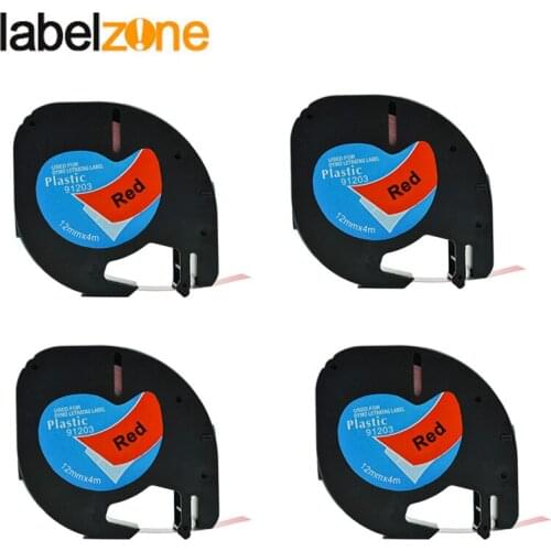 LABELZONE 4pcs black on red 12mm*4m 91203 plastic label tapes Compatible Dymo label maker LT91203 91333 91223 59424 for LetraTag