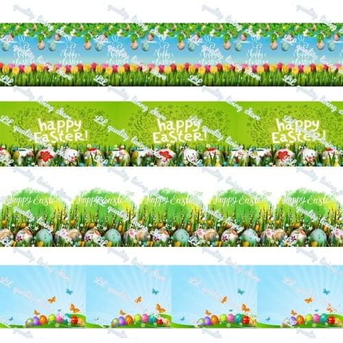 WL 50 Yards/Lot 5/8'16mm Happy Ribbon Easter Egg Print Grosgrain Ribbon Christmas Theme Holiday Party Bow Decoration