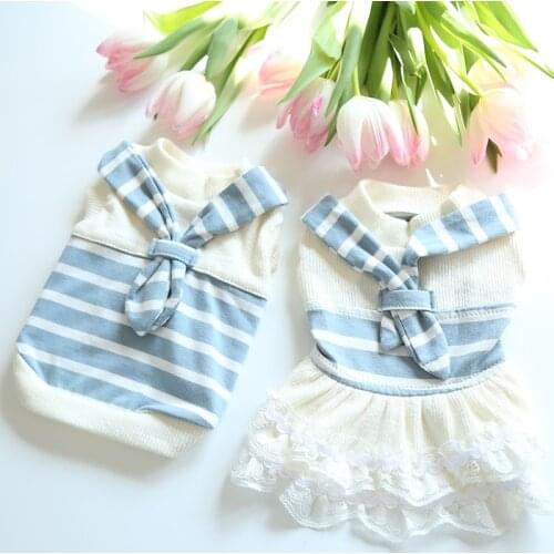 Summer Cat Skirts Scarf Striped Couple Suit Sweet Korean Style Cat one-piece Dress Dog Cat Clothes KJS465