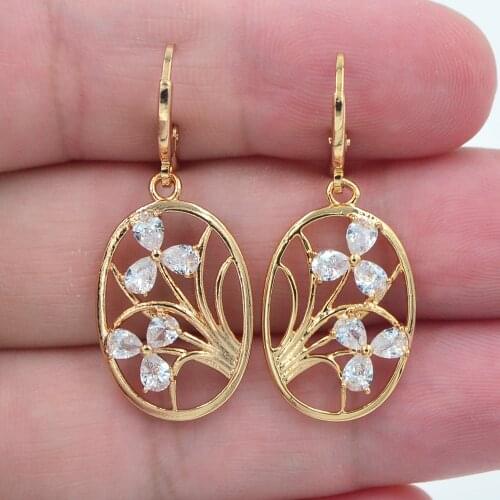 Fashion Jewelry Gold Color Clear White CZ Zircon Oval Flower Vase Dangle Earrings for Women