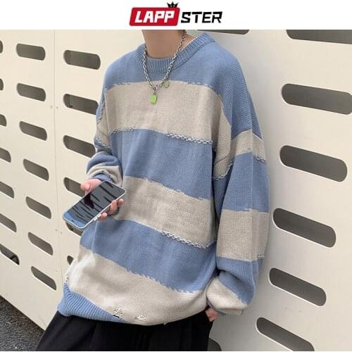 LAPPSTER Men Harajuku Striped Knitted Sweater 2021 Mens Oversized Patchwork Vintage Pullovers Male Y2k Korean Fashion Sweaters