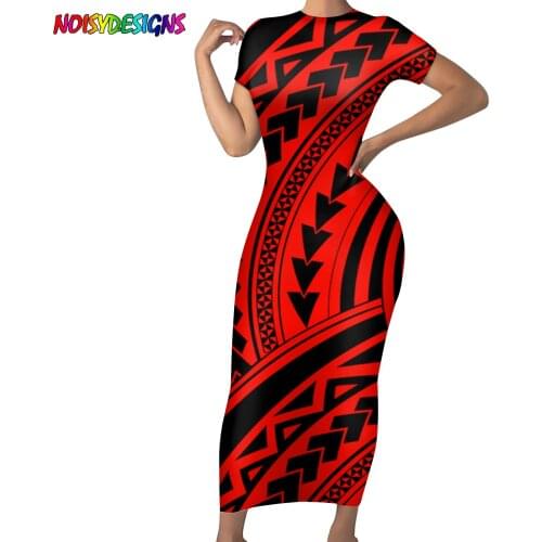NOISYDESIGNS Polynesian Traditional Tribal Prints Dresses Short Sleeve Bodycon Pencil Elegant Office Lady Women Dress Large Size