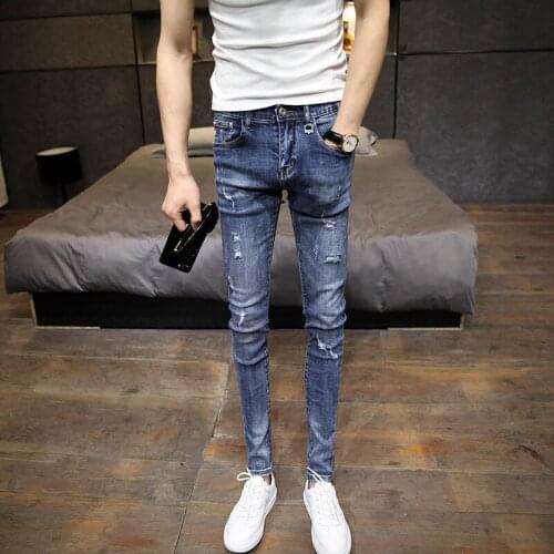 Hot 2021 fashion Stretch jeans mens self-cultivation with small feet teen holes Korean mens casual pants trend pencil pants
