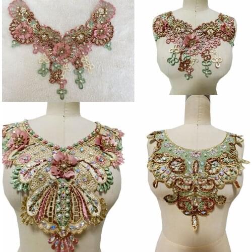 Handmade rhinestones pearl multicolored Three-dimensional lace patches trim applique for dress clothes neckline