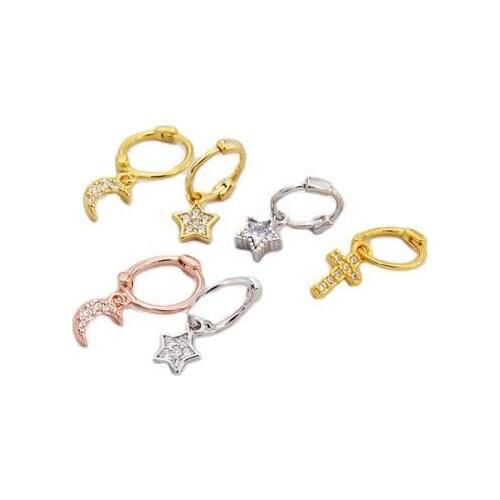 925 Sterling Silver Earring Cute Zircon Star Moon Cross Small Pendant Ear Ring Ear Bone Nail Earring Mini Woman Girl Ear Jewel