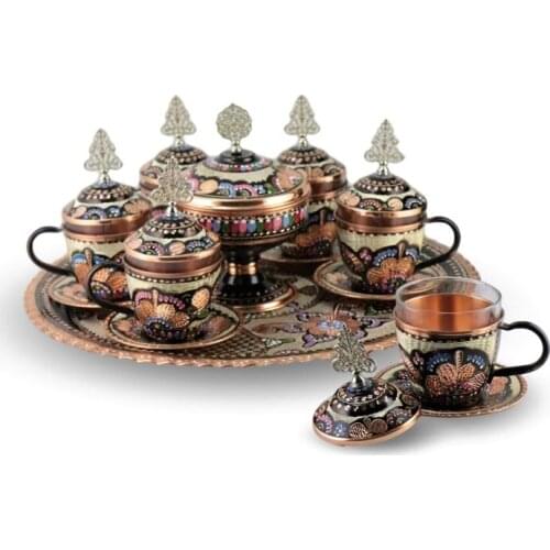 SONAY COPPER Copper Turkish Tea and Nescafe Cups, Handmade Engraved Copper, Set for 6 People, 6 Cups, 1 Sugar Bowl, 1 Tray