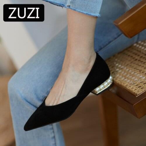 ZUZI Women Pumps French Low-heeled Shoes Women 2021 New Wild Retro Pearl Mary Jane Shoes Female Pointed Shallow Mouth