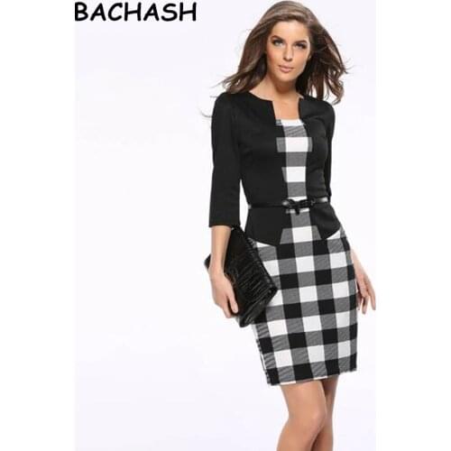 BACHASH Womens Elegant Faux Jacket One-Piece Belted Tartan Lace Patchwork Wear to Work Business Pencil Sheath Bodycon Dress 361