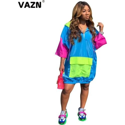 VAZN 2020 Summer New Upsurge Patchwork Cute Young Energy Simple Casual Style Hooded Women Nature Loose Mini Dress