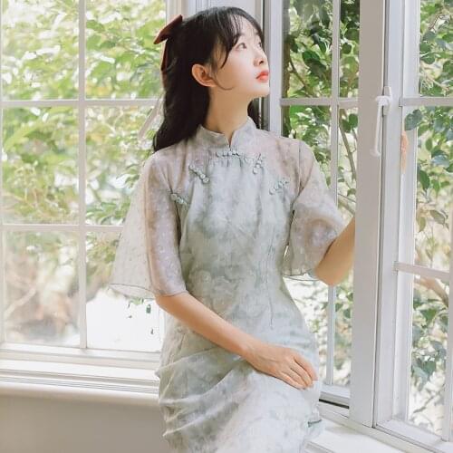 Chinese Women Dress Cheongsam Oriental Qipao Chiffon Floral Dress Summer 2021 Modern Cheongsam Vintage Qipao Femme Plus Size