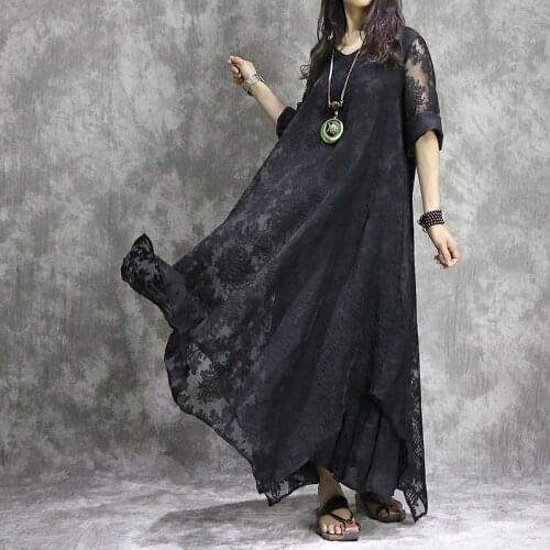 Women loose Solid Color Embroidered False 2 piece Dress Ladies Retro Elegant V neck Dress Female Hollow Out Dress 2018