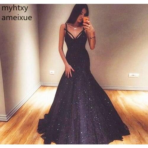 2020 Sexy Sequined Navy Blue Evening Dresses A Line Formal Women Party Gowns Plus Size Custom Made Hi Low Dress Robe De Soiree