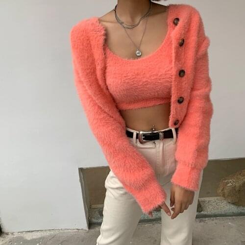 2019 Time-limited New Jumper Women Sweaters And Womens Sweater Velvet Cardigan + Exposed Cord Camisole 2 Piece Suit Female