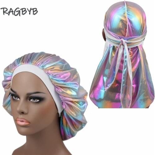 Unisex Glitter Silk Durag Matching Bonnet Set Men Silky Durag Bandanas Bonnet for Women Sleep Cap Wave Hair Cap Head Scarf Durag