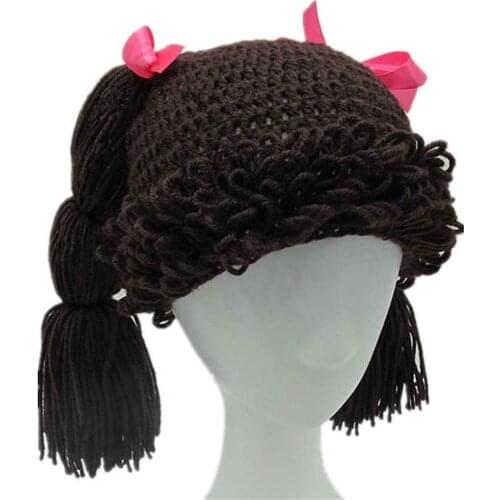 BomHCS Knitted Pigtail Wig Beanie Handmade Women Girls Braid Hat Bowknot Cap