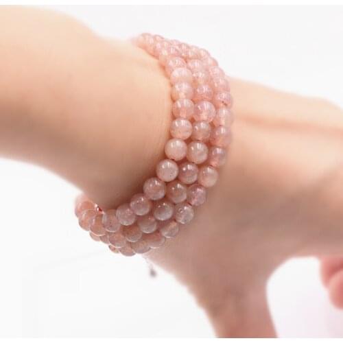 Bohemia Style 3 Rows Bracelet 6mm Natural Sunstone Stone Round Pink Strawberry Crystal Beads Fashion Statement Bangle 7.5" A580
