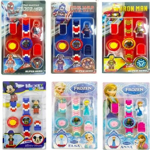 Kids Building Blocks Mini Electronic Watch Rotating Figures Avengers Spiderman Iron Man Hulk Elsa Anna Princess Kids Toy Gifts