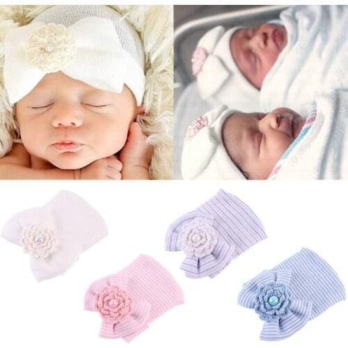 Newborn Baby Hat Toddler Baby Warm Hats Cotton Striped Caps Soft Hospital Pink White Boys Girls Bow Beanies for New Born 0-6M
